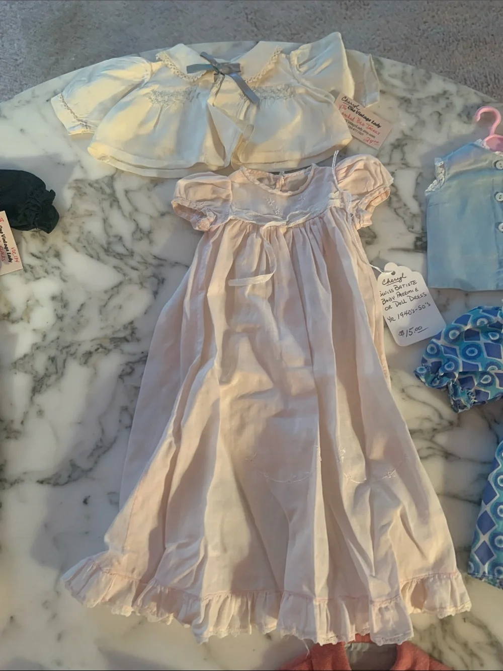 Vintage Doll Clothing 9 Piece Lot– Assorted Pastel & Blue Outfits